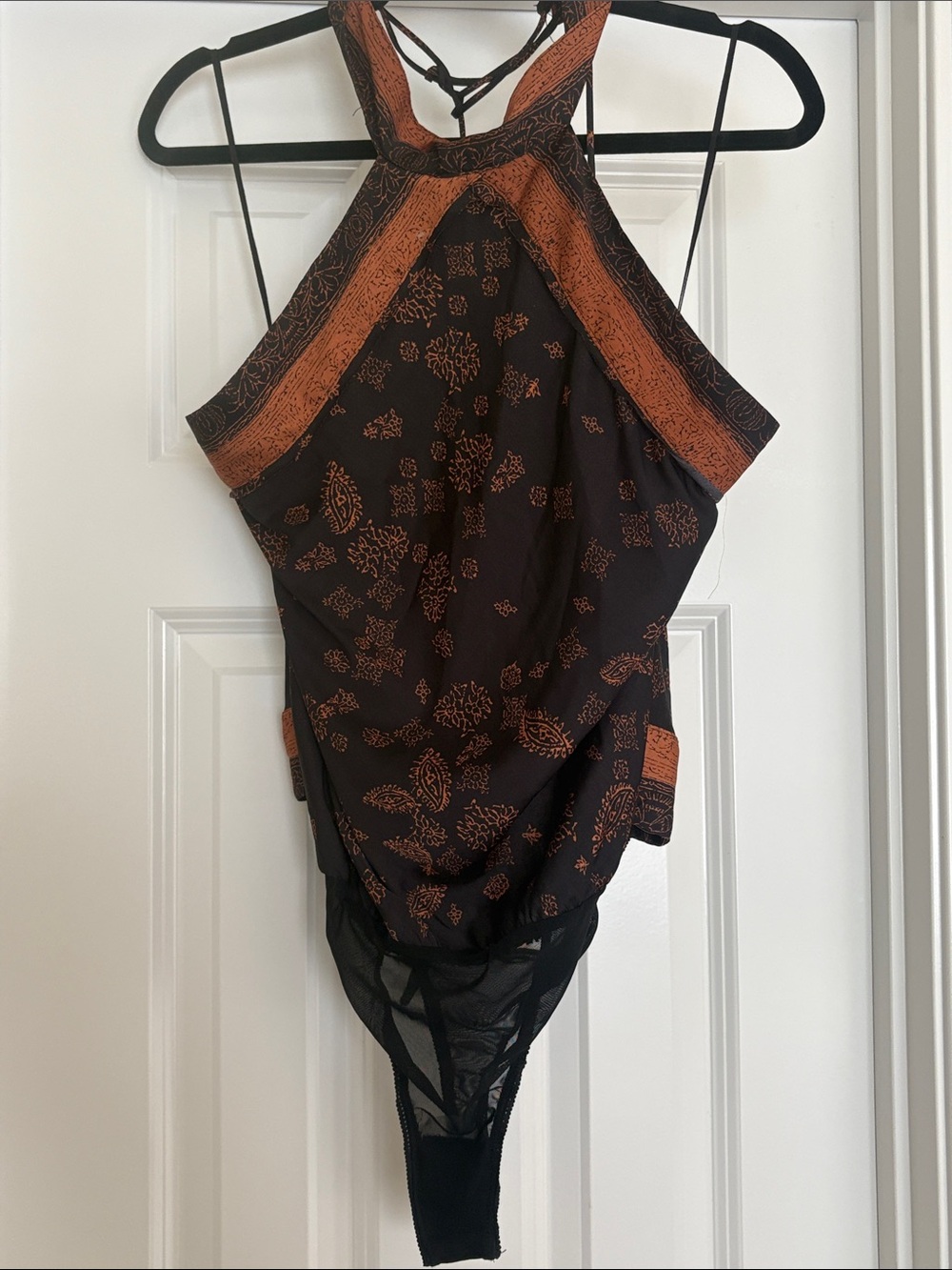 Free People Black and Rust Orange Printed Halter Bodysuit